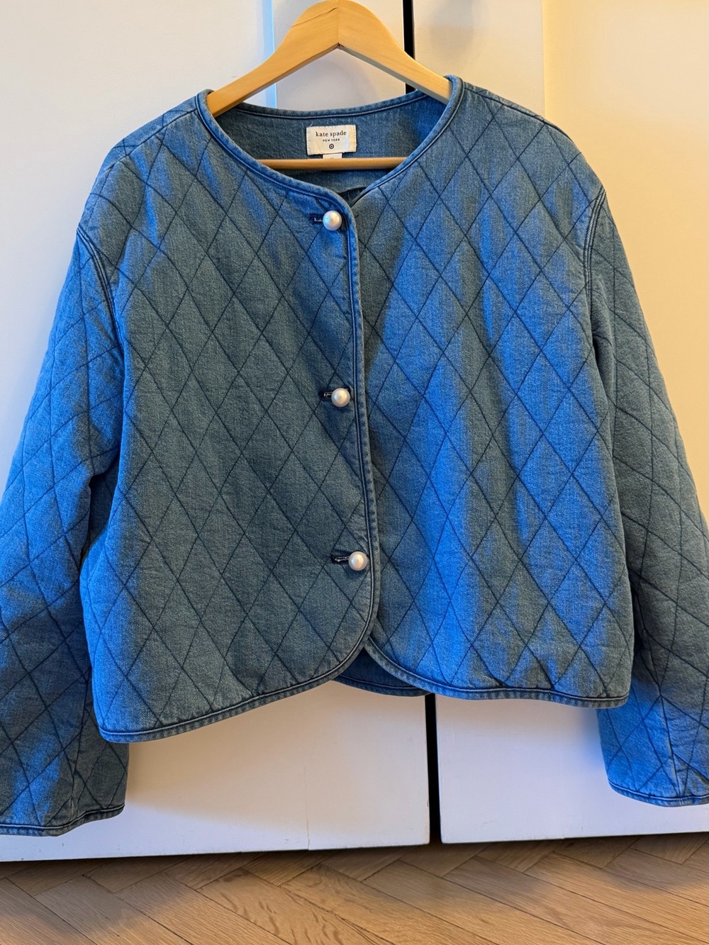 kate spade Quilted Denim Jacket with Pearl Buttons - Blue
